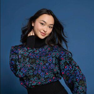 Mixed by Nasrin Black & Blue Haisy Daisy Floral Print Turtleneck Sweater S